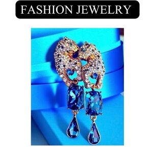EARRINGS: Golden-Tone Leopard Head Earrings with Teardrop Blue Rhinestones, NIP